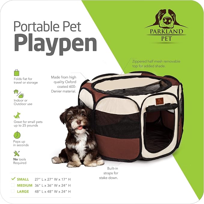 Portable Foldable Playpen Exercise Kennel Dogs Cats Indoor/Outdoor Removable Mesh Shade Cover, Carrying Case & Collapsible Travel Bowl (Small)