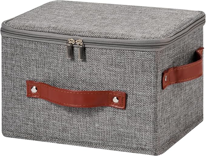 Storage Bin Box with Zippered Lid Decorative Collapsible Basket | Cotton Linen Fabric, Washable Foldable Stackable Clothes Container, Closet Shelf Organizer w/ PU Leather Handles, Gray-Small