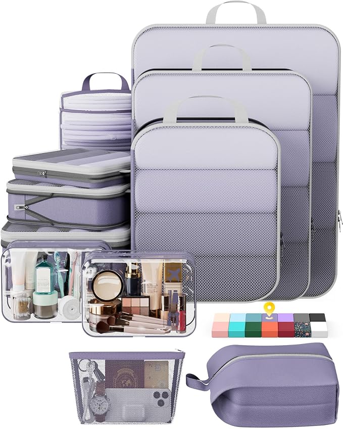 Veken 11 Set Compression Packing Cubes Garment Bags for Travel Essentials,Compressible Expandable Luggage Organizer Bags for Clothing,Space Saver Bags with Over 1000 pcs of Mesh Holes(Purple Gray)