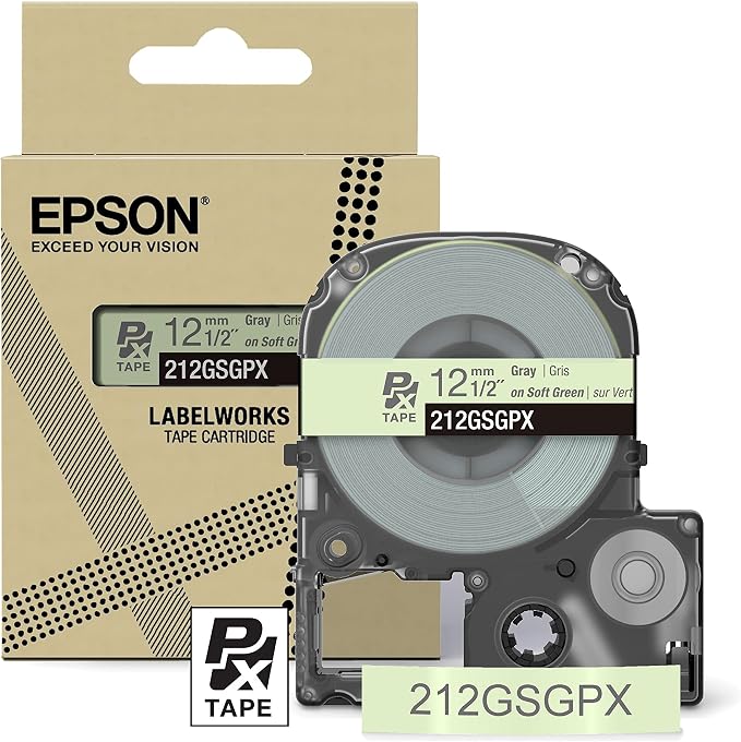 Epson LABELWORKS 212GSGPX Label Tape - Gray on Soft Green - 1/2" (12mm) | Genuine Epson designer craft PET tape for LW-C410PX & C610PX, decorative finish for crafts & decor