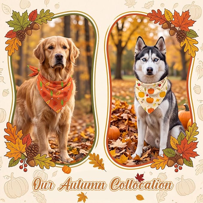 100 Pcs Fall Dog Bandanas Bulk Autumn Pumpkin Maple Leaves Pattern | Triangle Kerchief Bibs Scarf Set for Pets Harvest Party Costume Photo Props Accessories, 25 Styles, 31.5 x 21.7 x 21.7 Inch