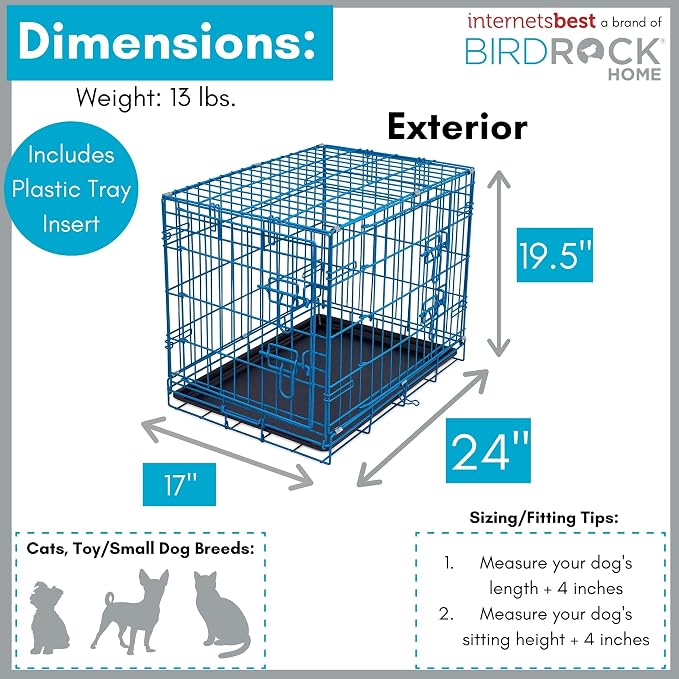 Internet's Best Double Door Steel Crates Collapsible and Foldable Wire Dog Kennel, 24 Inch (Small), Blue