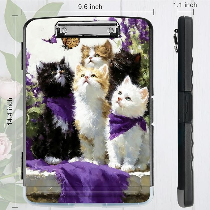 A4 Clipboard with Storage Pen Holder, Clipboards Organizer Nursing Clipboard Foldable File Folder Plastic Clipboard Folio Clip Board for Office Work Classroom Doctor, Lavender Cat