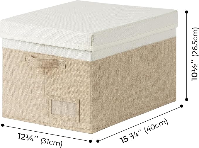 GRANNY SAYS Storage Bins with Lids, Decorative Storage Boxes with Lids | Storage Box with Dust Cover, Handles & Lable, Collapsible, Ideal for Closet Clothes Blanket Toys, Large, White&khaki, 3-Pack