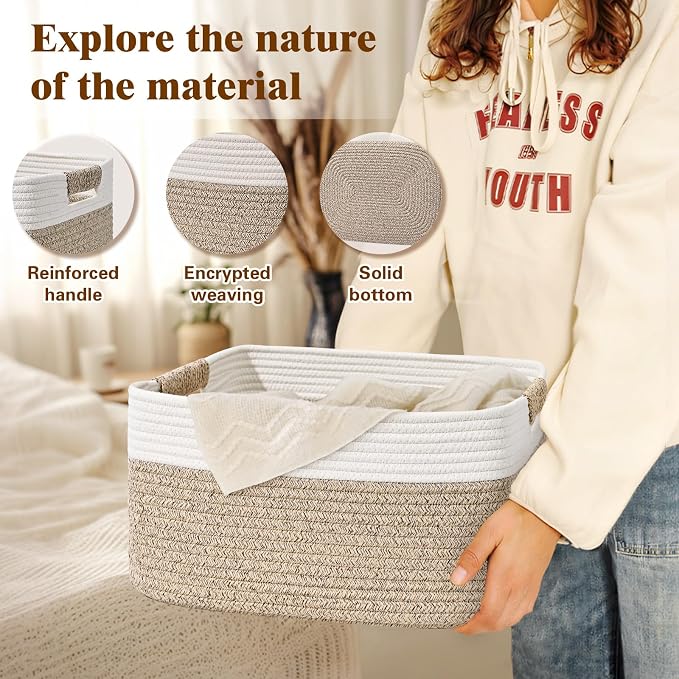2 Pack Large Storage Basket for Organizing, 17.5"x13"x7" Woven Basket for Shelves, Closet Cube Storage Bins with Wrapped Handle, Cotton Rope Baskets for Kitchen, Clothes, Toys(Off White & Brown)