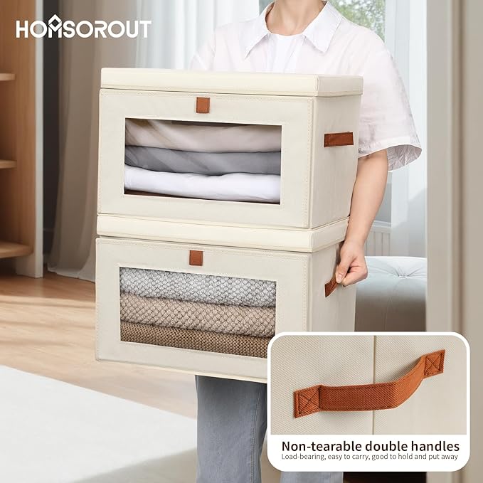 Large Closet Storage Bins - Collapsible Clothing Organizer with Handles & Window, Decorative Bin with Lids, Linen Closet Organizers for Living Room, Dorm, 6 Pack, Beige