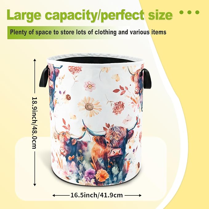 Highland Cow Floral Laundry Basket Foldable Waterproof 18.9 x 16.5 Inch | Oxford Cloth Hamper With Reinforced Handles Lining Large-Capacity Storage For Bathrooms/Laundry Rooms/ Living Rooms/Bedrooms