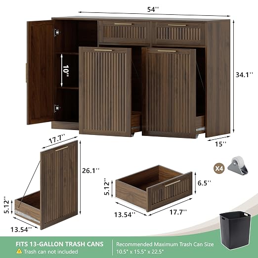Double 13 Gallon Pull Out Trash Can Cabinet with Storage Cabinet,Walnut | Pet Proof Hidden Garbage Can Cabinet,3-Tier Shelves,Fluted Design,Extra Drawer Space,Kitchen & Dining Room Organization