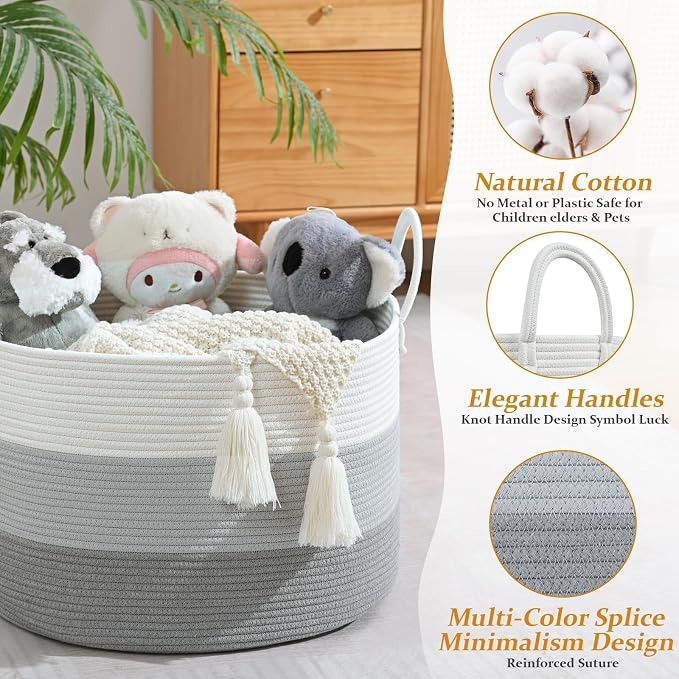 67L Large Woven Blanket Basket, Cotton Rope Baby Laundry Hamper with Handles, Kids Toy Basket for Classroom & Nursery, Soft Round Stuffed Animal Storage, Dog Toy Bin - 20"x13", Gray