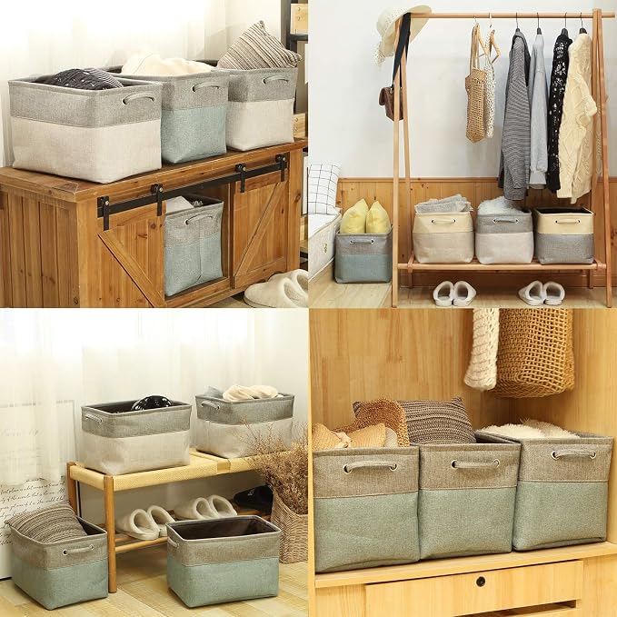 Sea Team Large Rectangle Canvas Open-Top Storage Baskets, 3-Pack | Collapsible Fabric Storage Bins with Handles, Closet Shelf Organizers, 15 x 10 x 10 Inches, Stone Blue & Gray