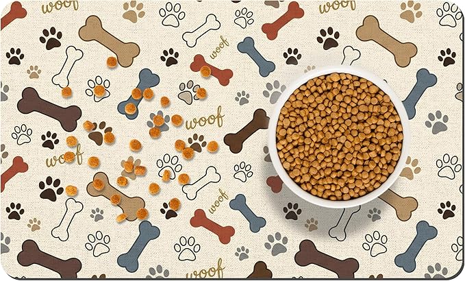 Dog Feeding Mat 20 x 12 Inch, Neutral Paw Bone Woof Dog Placemat Absorbent Quick-Dry for Food and Water, Waterproof Non Slip Rubber Pet Bowl Pad Mat for Floors