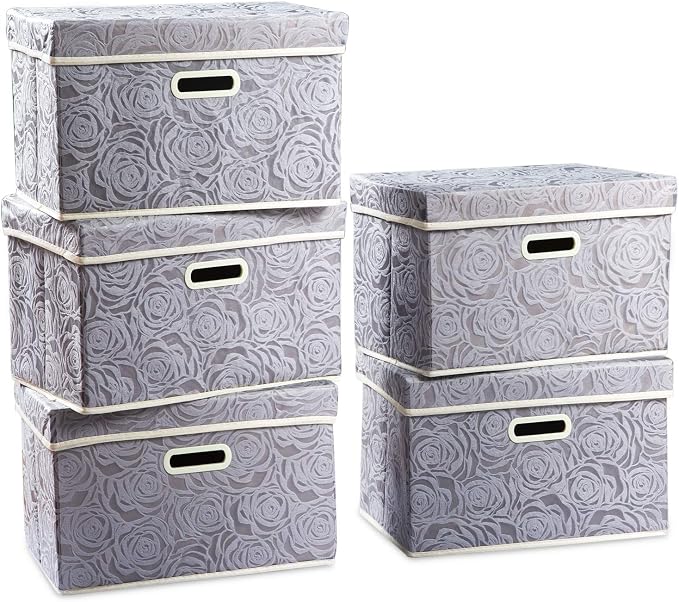 Foldable Storage Bins with Lids [5-Pack] Fabric Decorative Storage Box Cubes Organizer Containers Baskets with Cover Handles Divider for Bedroom Closet Living Room Grey 14.9x9.8x9.8 Inch