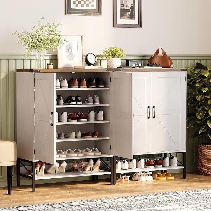 VINGLI Farmhouse Shoe Cabinet for Entryway, 32" Antique White Shoe Storage Cabinet with 2 Barn Doors, Large Capacity Shoe Organizer with Adjustable Shelves for Foyer, Bedroom, Closet