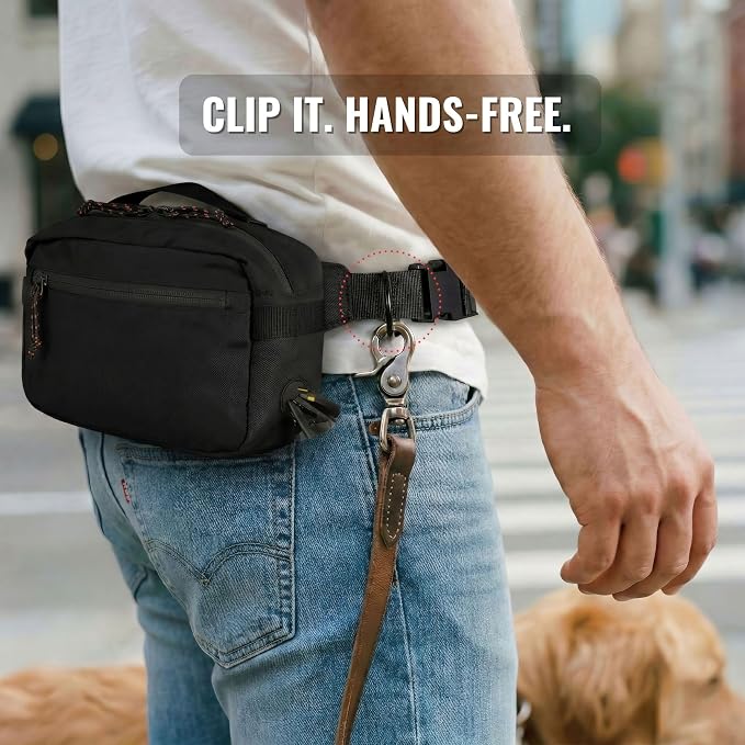 Crossbody Dog Walking Bag, Treat Pouch & Poop Bag Holder, Charcoal Black | Crossbody dog walking bag, hands-free. PEVA-lined treat pouch, poop bag holder, leash hook. Water-resistant, 4-50 in. strap