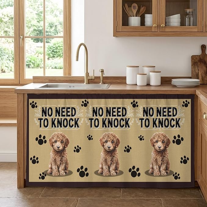 NO Need to Knock Sink Skirt for Bathroom, Self-Adhesive Under Sink Curtain, Poodle Dog Paw Prints Pet Lover Farmhouse Hide Pipes & Storage Fabric Cabinet Skirt Cover for Kitchen Laundry 32"x55"