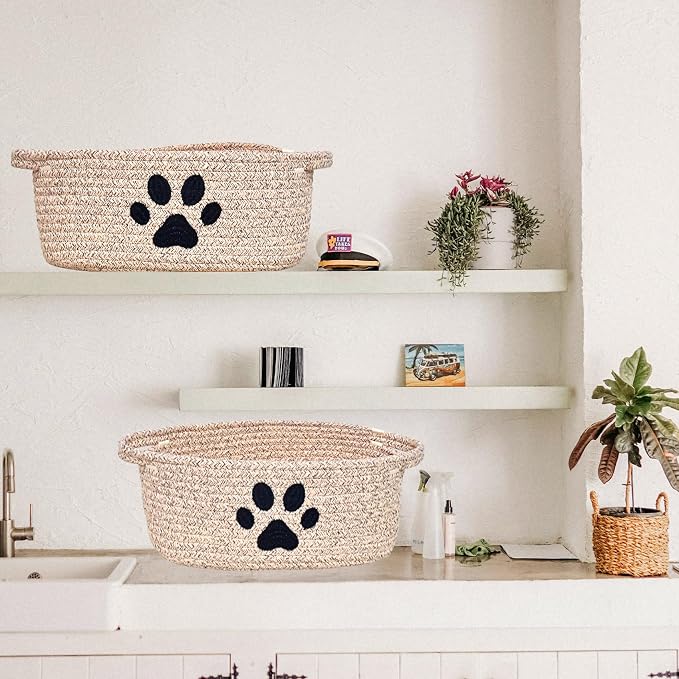ABenkle Small Woven Basket with Handle, Cute Dog Paw Baskets for Gifts Empty, Decorative Rope Woven Storage Dog Toy Basket, Nursery Baskets for Baby Shower, 12" x 8" x 5"