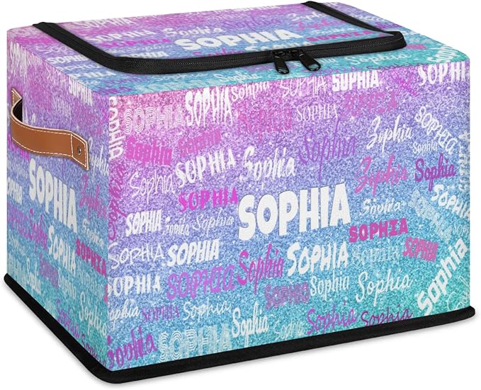Custom Name Storage Bin with Lid Zipper, Personalized Rectangular Storage Basket with Handles for Organizing Boys Girls Toys Office Closet Shelf Baskets, Gradient Purple Blue Glitters Print