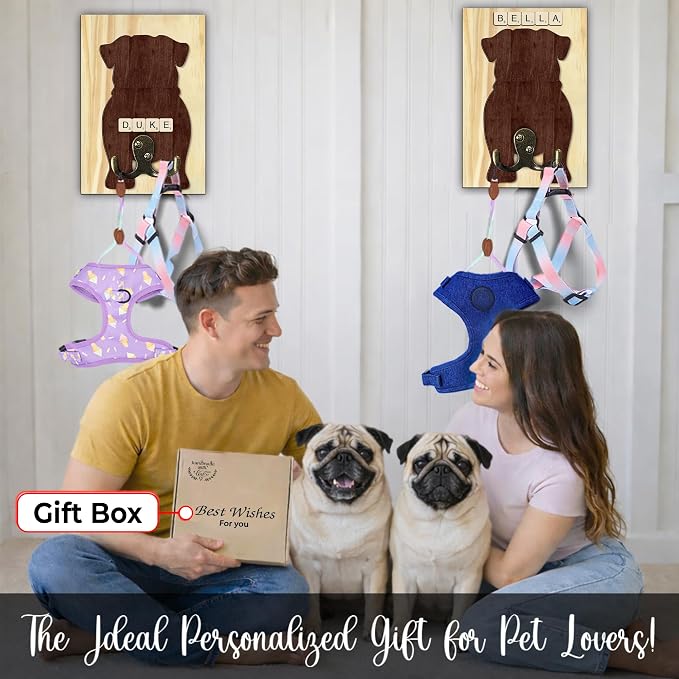 Pug Dog Leash Holder Wall Mount with Scrabble Letters, Wooden Dog Wall Hook Organizer, Pet Collar and Harness Holder for Entryway, Key Hook and Leash Rack, Pet Lovers Gift Home Decor PF297-58