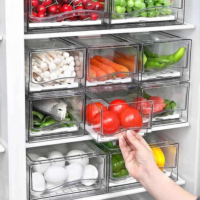 Fridge Organizers and Storage, BPA-Free Large Capacity Stackable Clear Fridge Organizer, With Strainer Layer Keep Fruits, Vegetables and Meat Fresh in refrigerator, freezer, Food Storage ( 2 Drawers)