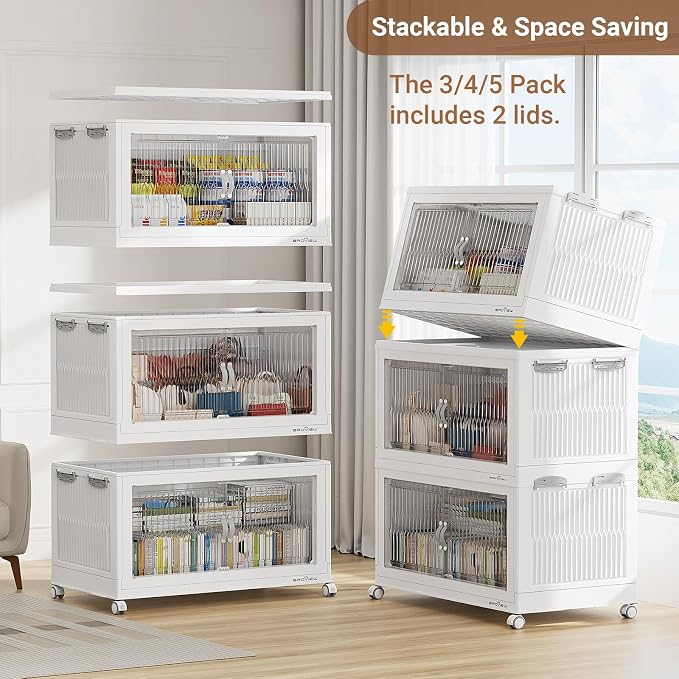 BROVIEW 800QT Extra Large Stackable Storage Bins with Lids, 4Pack White | 200Gal Plastic Collapsible Cabinets Containers, Wheels & PET Doors, Foldable Closet Organizers Drawers for Office, Dorm
