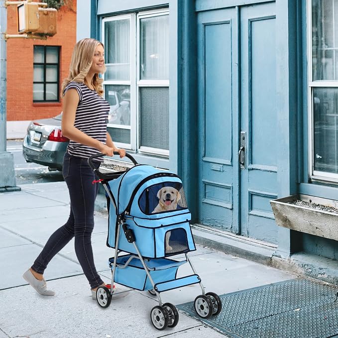 HHS 4 Wheels Pet Dog Stroller Foldable Pet Jogger Travel Carrier Cart W/Cup Holders Removable Liner Storage Basket for Small Medium Cats/Dogs, Blue, 17.5inches(L) x 33inches(W) x 38.6inches(H)