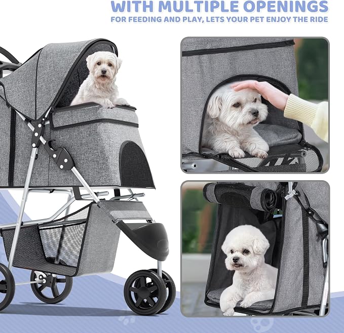 Magshion 3-Wheel Pet Stroller for Small/Medium Dogs & Cats, Up to 33lbs | Foldable Travel Jogger w/ Breathable Mesh Cover, Lightweight Design, Safety Tethers, Cup Holder & Storage Basket