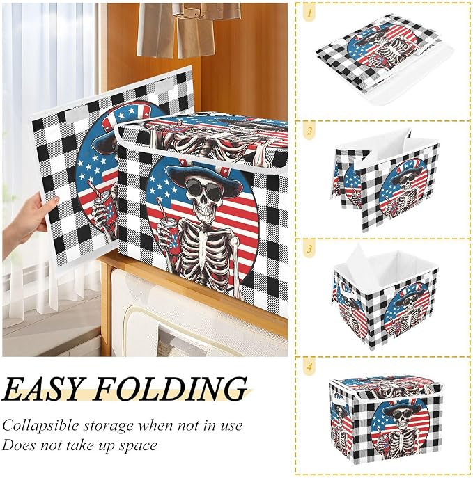 Fabric Storage Bins with Lid America Skull Closet Storage Basket 40L | Decorative Storage Boxes, Foldable & Stackable, Dust-Proof Flip Top, Reinforced Handles, For Home & Dorm, Clothes & Toy Box