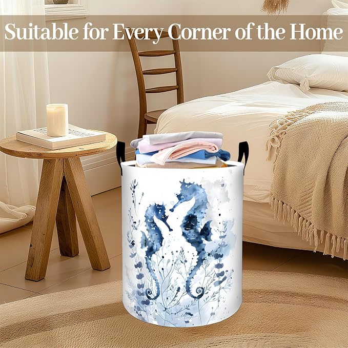 Seahorse Laundry Basket, Elegant Blue Watercolor Foldable Oxford Cloth, Waterproof Dirty Clothes Hamper with Handles, Clothing Storage Bin Toy Organizer for Bedroom Dorm Bathroom, 19.7"x15.7"