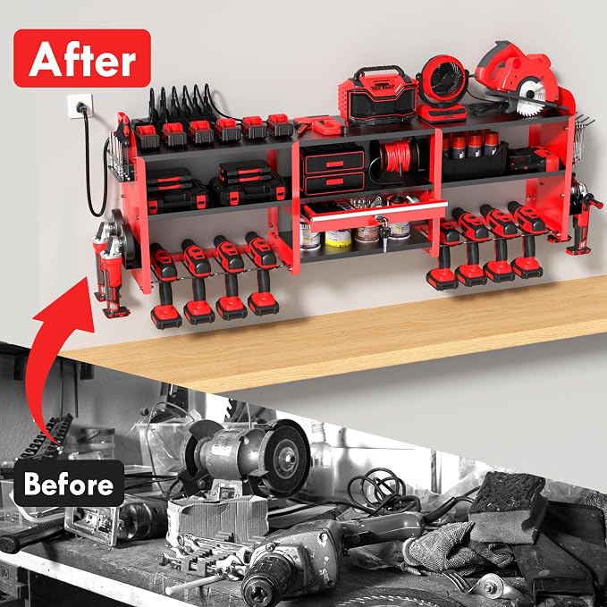KSVO Large Power Tool Organizer Wall Mount with Locking Drawers, Red | Grinder Holder, Hammer & Pliers Rack, 6-Outlet Charging Shelf, Heavy-Duty Metal Storage for Garage & Workshop
