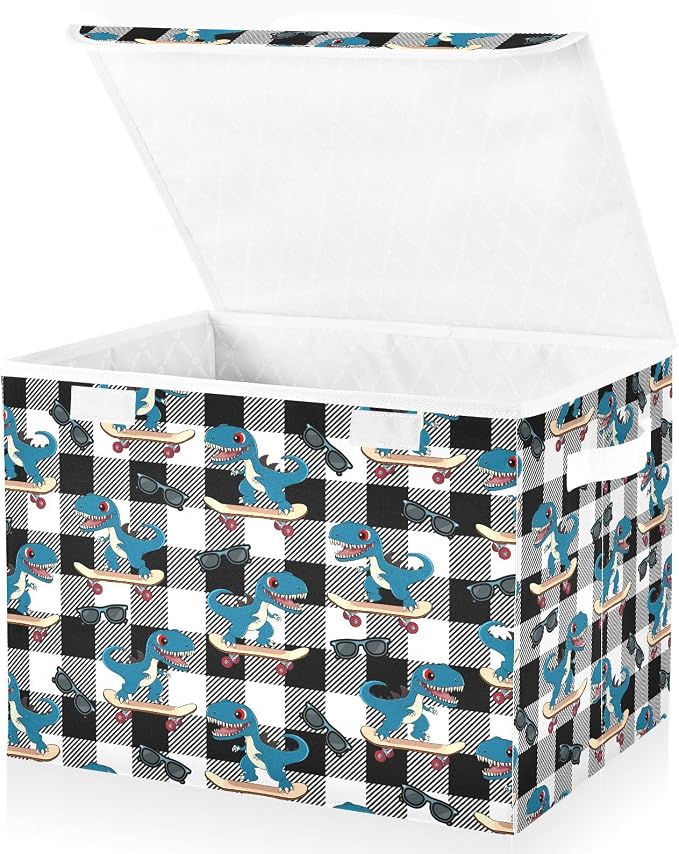 Dino Scooter Fabric Storage Bins with Lid Closet Storage Basket 40L | Decorative Storage Boxes, Dust-Proof Flip Top, Reinforced Handles, For Home & Bedroom, Clothes & Toy Box, Dino Fabric Print