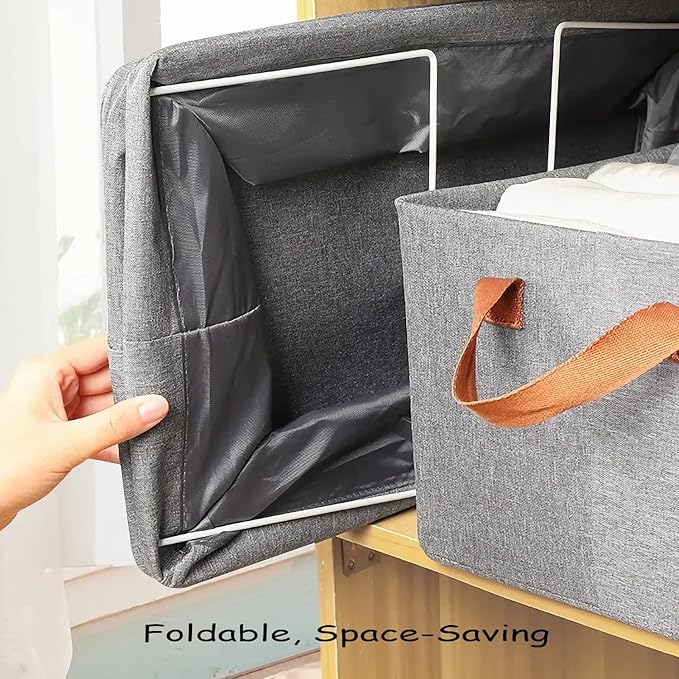AARAINBOW 4 Pcs Closet Clothes Organizer with Handle, Closet Shelf Fabric Storage Box Steel Frame, Stackable Shelf Storage Baskets Foldable Wardrobe Storage Box for Clothes Pants, 23L (2 Gray 2 Beige)