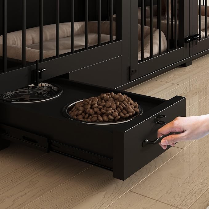 86.6" Large Furniture Style Dog Crate for 2 Dogs, Black | Heavy Duty Wooden Dog Kennel with Dog Bowl Drawers & Divider, Indoor Dog kennel House TV Stand for Large Medium Dogs