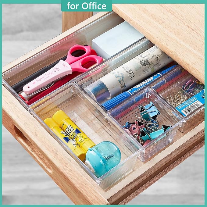 DCA 6 Pack Clear Drawer Organizer, Multi-Size Storage Bins | Makeup, Cosmetics & Utensils | Drawer Tray set | Customizable Layout | Easy to Clean