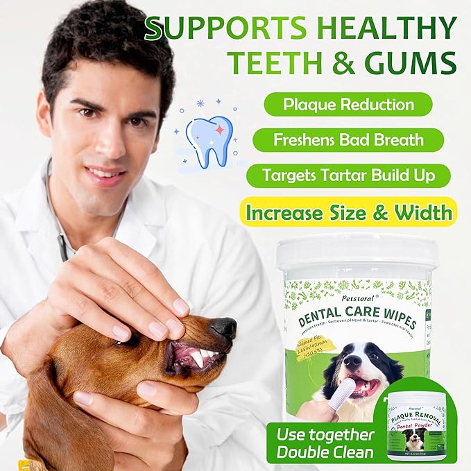 Petstoral Dental Care Wipes for Dogs and Cats, 50 Count, Teeth and Gum Cleaning, Plaque and Tartar Removal, Larger and Wider Version