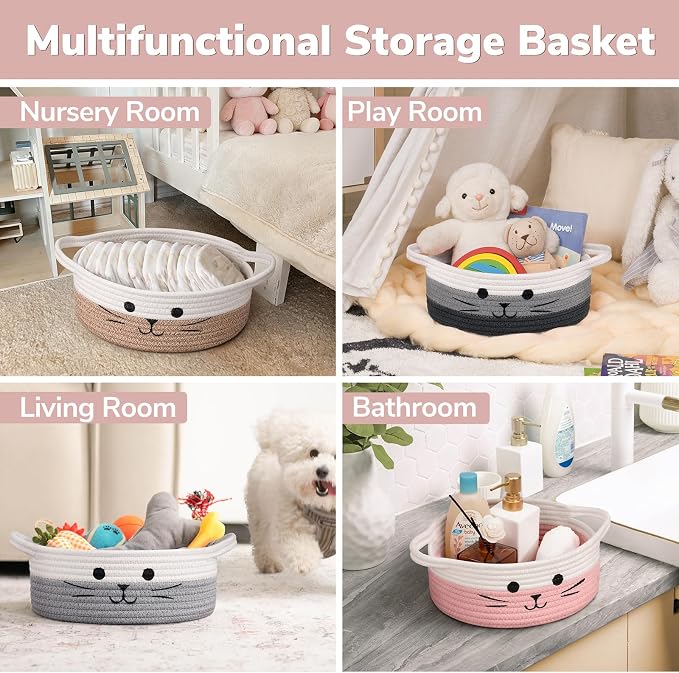 Small Woven Rope Cat Toy Basket with Cat Face Design, White Pink | 9.8" x 4" Cute Toy Storage Bin for Girls' Living Room & Nursery, Baby Gift Baskets Empty with Sturdy Handles