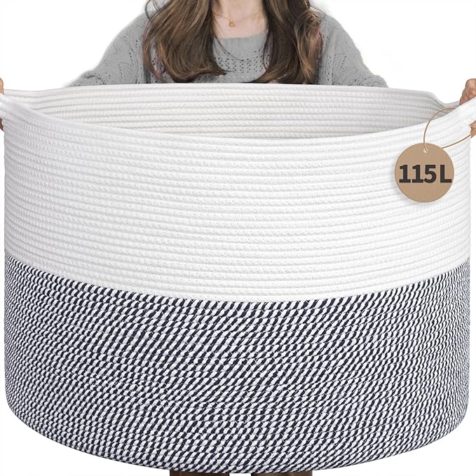INDRESSME 115L Extra Large Woven Rope Blanket Basket Living Room, Navy | 23.6" x 15.7" Storage baskets for toys laundry & pillows. For living room, bedroom nursery decor. soft-touch, family-sized