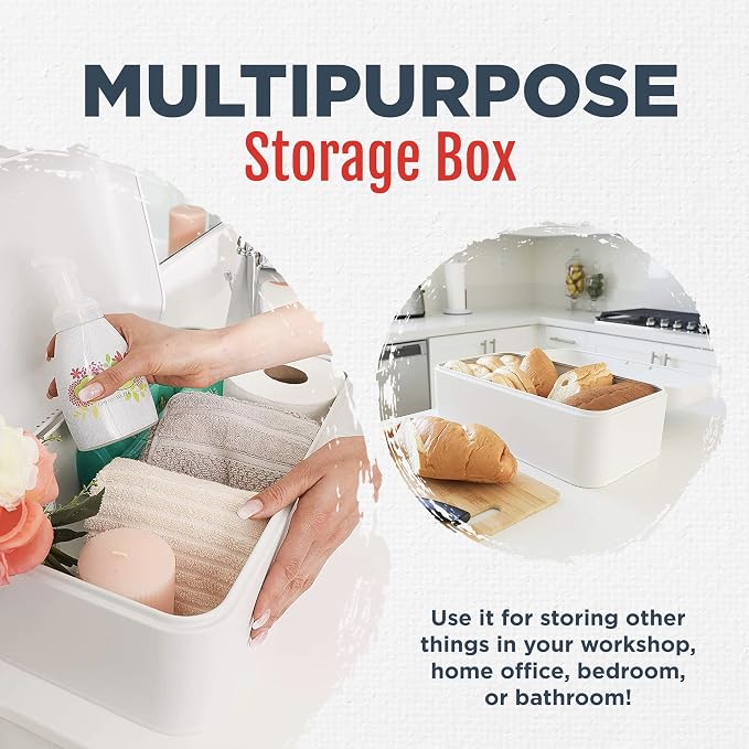 Extra Large White Bread Box for Kitchen Countertop 16" x 9" Holds 2 Loaves | Stainless Steel Vintage Bread Boxes for Kitchen Counters