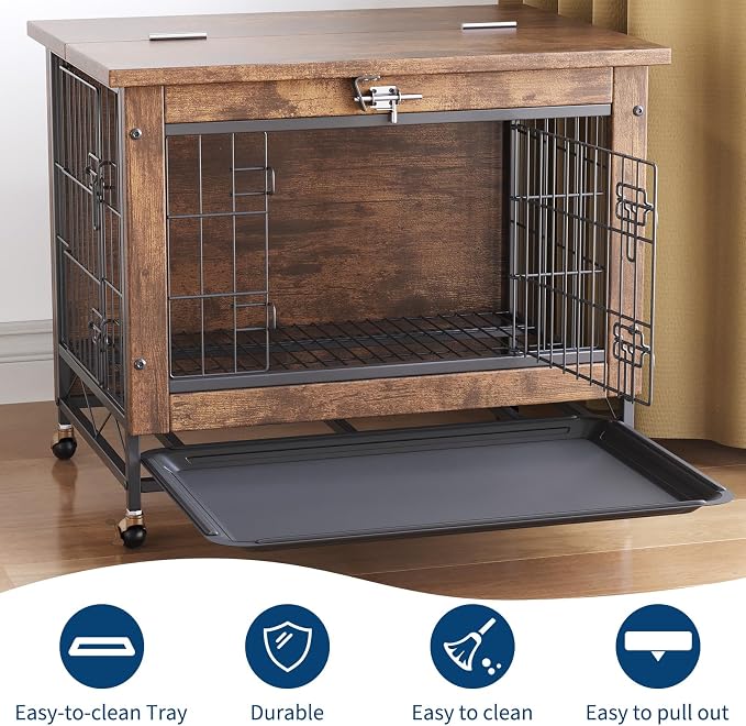Rustic Brown with Dog Crate Furniture with Wheels, Easy Mobility & Secure Placement, Dual Doors & Top-Opening Access, Cleaning & Comfort, Multi-Functional & Space-Saving Design