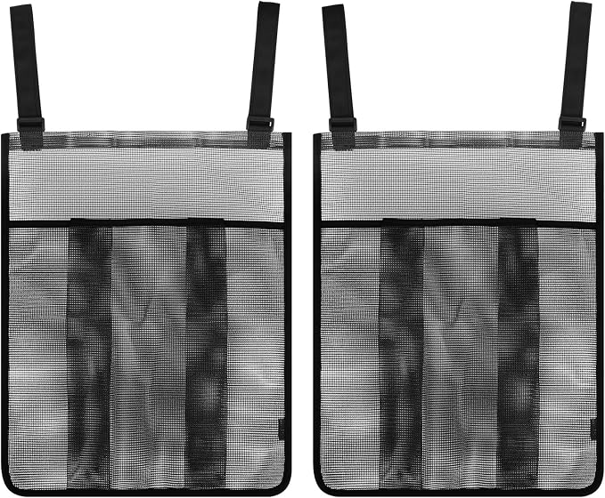 2 Pieces Trampoline Shoes Bag, Black Trampoline Storage Mesh Bag with 2 Hook and Loop Strap, Trampoline Shoe Holder, Indoor Fitness Shoes Organizer, Trampoline Equipment Bag Trampoline Accessories