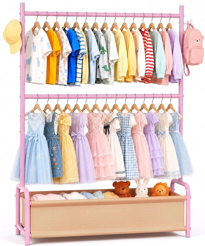 Kids Clothing Rack with Double Rod Height Adjustable Kids Clothes Rack Pink | Storage Basket & Hooks, Height Adjustable Kids Clothes Rack, Portable Baby Dress Up Garment Rack for Princess Dresses