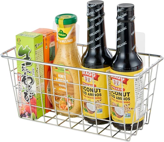 JUNCHU CHERRY 2 Pack Hanging Storage Basket, Bathroom Basket, Household Goods, with Traceless Tape, no Drilling, for Cabinet Storage, Kitchen, Bathroom, Storage Room,Chrome