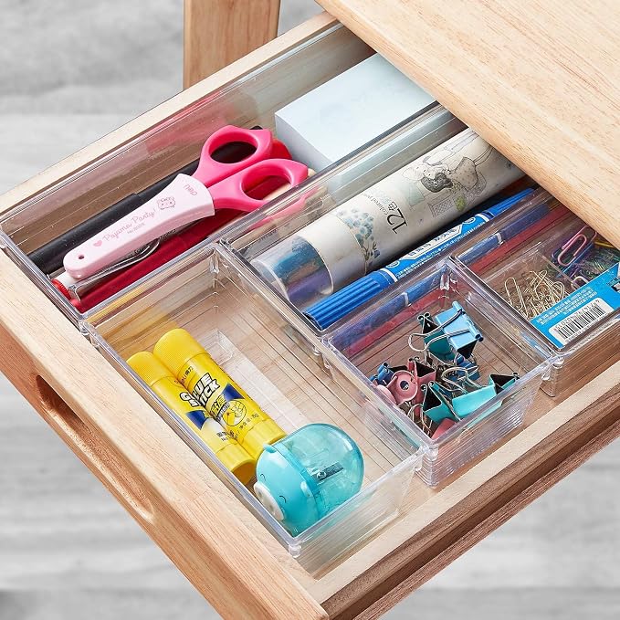 DCA 14 PCS Clear Plastic Drawer Organizer Tray, 4 Sizes Vanity Trays | Makeup, Kitchen & Gadgets | Jewelry Storage | Customizable dividers | Easy to Clean