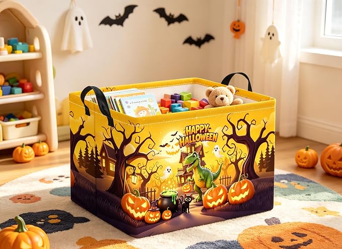 Rectangular Halloween Basket for Boys and Girls Kids Trick or Treat Pumpkin Basket for Halloween Parties Cute Storage Bin Organizer Box Room Decor(Halloween Dinosaur)
