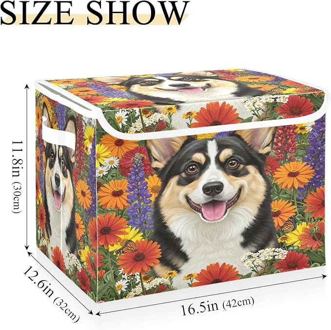 Pet Flower Storage Bins with Lids Closet Bedroom 40L Storage Basket | Decorative Storage Boxes, Foldable & Stackable, Dust-Proof Flip Top, Reinforced Handles, For Home & Dorm, Clothes & Toy Box