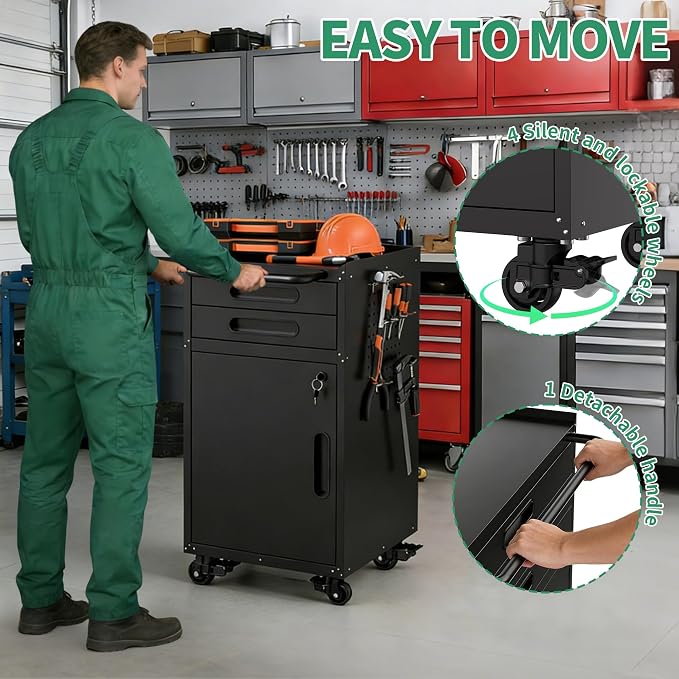 Garage Storage Cabinet,Metal Rolling Tool Cabinet with 2 Pegboard and 10 Hook,Heavy Duty Mechanics Tool Chest Storage for Workshop, Basement,Warehouse,Include Workbench Liner,Black