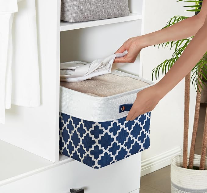 DECOMOMO Storage Bins, Large Fabric Storage Baskets for Shelves 3 Pack | 15 x 11 x 9.5 inches Decorative Linen Closet Organizers with Handles (Blue Patterns)