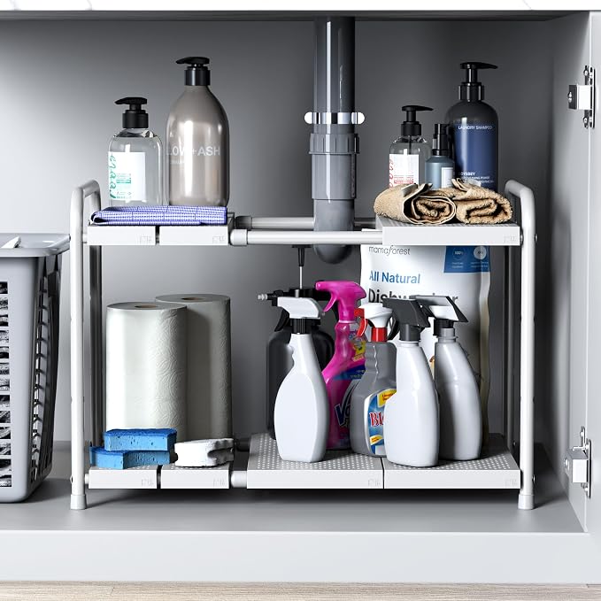 Simple Houseware Under Sink 2-Tier Heavy Duty Expandable Organizer, White | Adjustable Width 15.75–25 Inches with 4 Shelf Height Levels