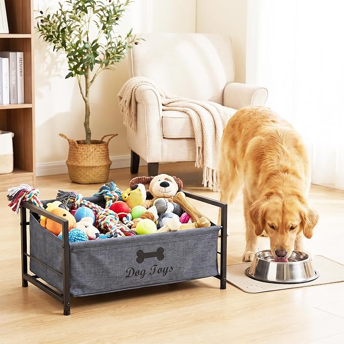 Pethiy Dog Toy Basket, Metal Frame Fabric Pet Storage Bin Front Low Open | pet organizer with Front Low Opening with black metal frame and soft fabric bin for Large Capacity Dog Toy Basket