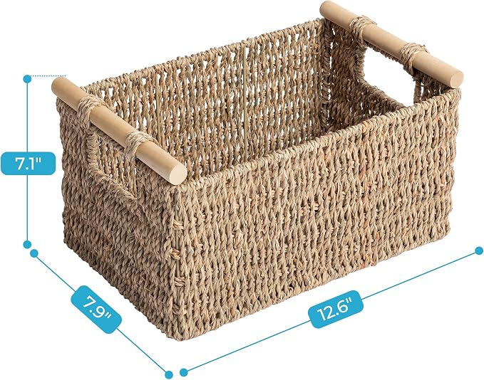 JS HANGER Seagrass Storage Baskets, Handwoven Wicker Shelf Baskets Bin for Organizing Decorative Wicker Baskets with Wooden Handles,12.6"L x 7.9"W x 7.1"H, 2-Pack