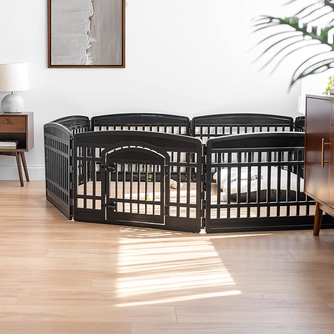 IRIS USA 8-Panel Dog Playpen with Door, Pet Enclosure, Black | Heavy Duty Plastic, Multiple Pets, Indoor Outdoor, Portable, Large Play Area, Easy Assembly